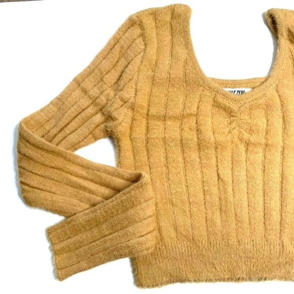 DOUBLE ZERO WOMENS MUSTARD YELLOW FUZZY LONG SLEEVE CROP TOP SWEATER SZ: S/M/L - Picture 3 of 8